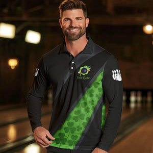 Black and Green Shamrock St Patrick Day Bowling Polo, 1/4 Zip Shirt for Men Custom Bowling Team Jersey NQS9434