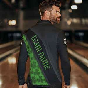 Black and Green Shamrock St Patrick Day Bowling Polo, 1/4 Zip Shirt for Men Custom Bowling Team Jersey NQS9434