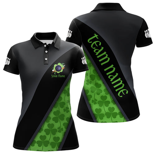 Black & Green Shamrock St Patrick Day Bowling Polo, 1/4 Zip Shirt for Women Custom Bowling Team Jersey NQS9434