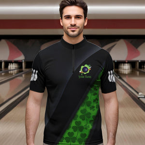 Black and Green Shamrock St Patrick Day Bowling Polo, 1/4 Zip Shirt for Men Custom Bowling Team Jersey NQS9434