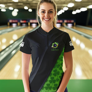 Black & Green Shamrock St Patrick Day Bowling Polo, 1/4 Zip Shirt for Women Custom Bowling Team Jersey NQS9434