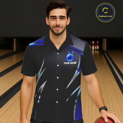 Black and blue Bowling Hawaiian Shirt Custom Team bowling button up shirts with flames NQS11531