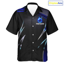Load image into Gallery viewer, Black and blue Bowling Hawaiian Shirt Custom Team bowling button up shirts with flames NQS11531