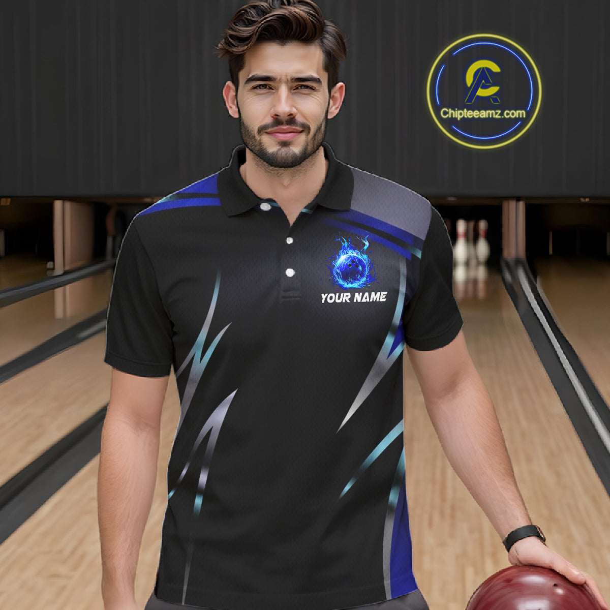 Black and blue Bowling Polo, Quarter Zip Shirts for Men Custom Team bowling shirts with flames NQS11531