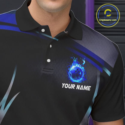 Black and blue Bowling Polo, Quarter Zip Shirts for Men Custom Team bowling shirts with flames NQS11531