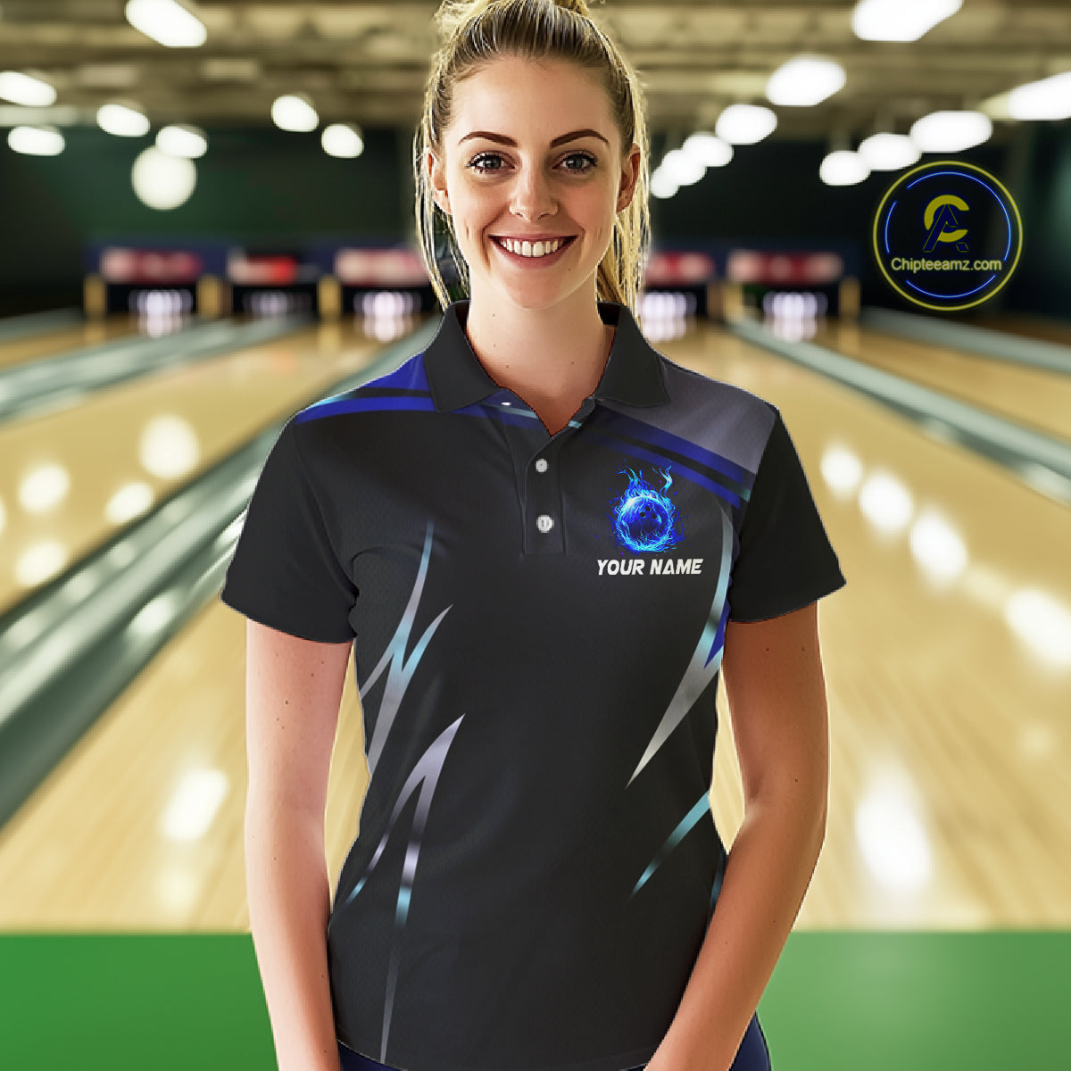 Black and blue Bowling Polo, Quarter Zip Shirts for Women Custom Team bowling shirts with flames NQS11531