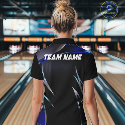 Black and blue Bowling Polo, Quarter Zip Shirts for Women Custom Team bowling shirts with flames NQS11531