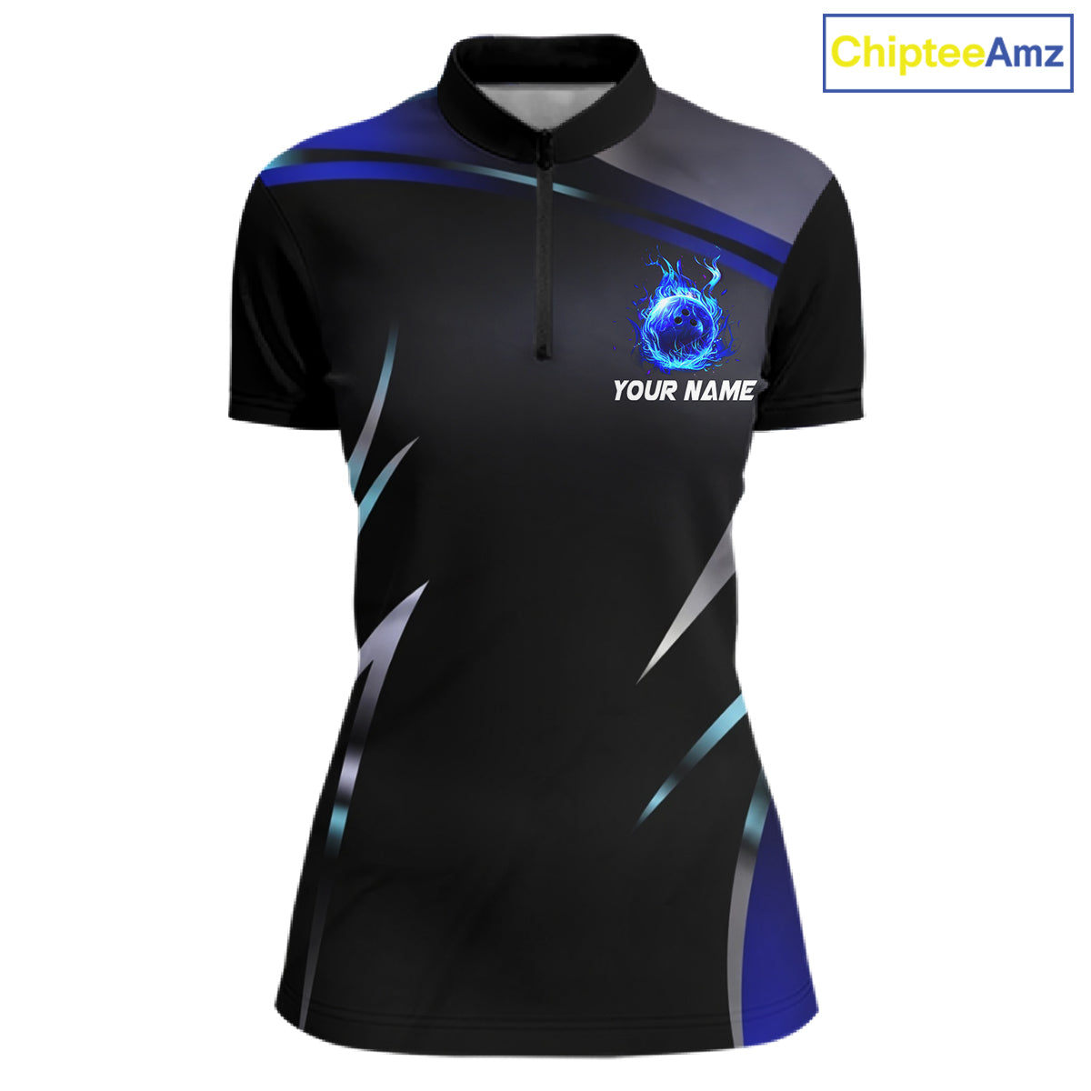 Black and blue Bowling Polo, Quarter Zip Shirts for Women Custom Team bowling shirts with flames NQS11531