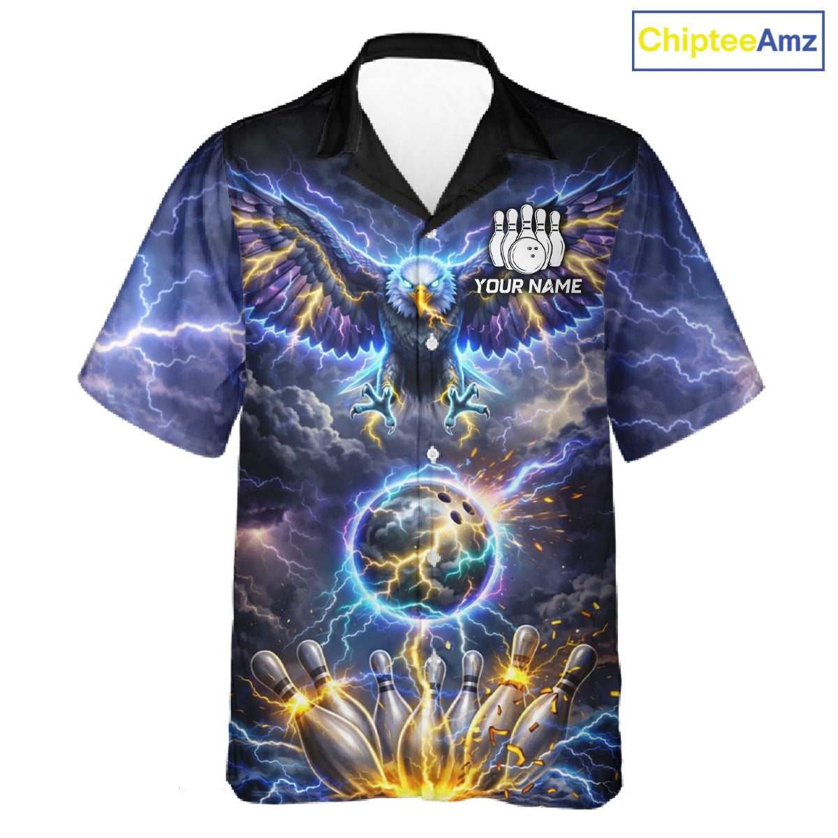 Custom Blue Lightning Thunder Eagle bowling team button up shirts, Bowling jersey gift for bowlers NQS11537