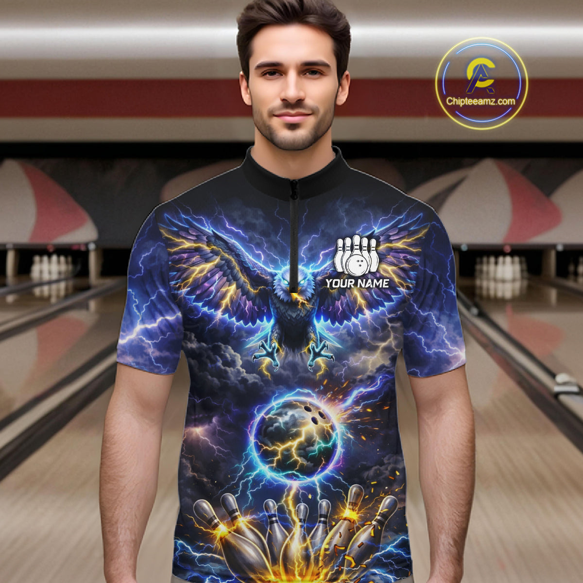 Custom Blue Lightning Thunder Eagle Bowling team shirts For Men, cool Bowling jersey gift for bowlers NQS11537