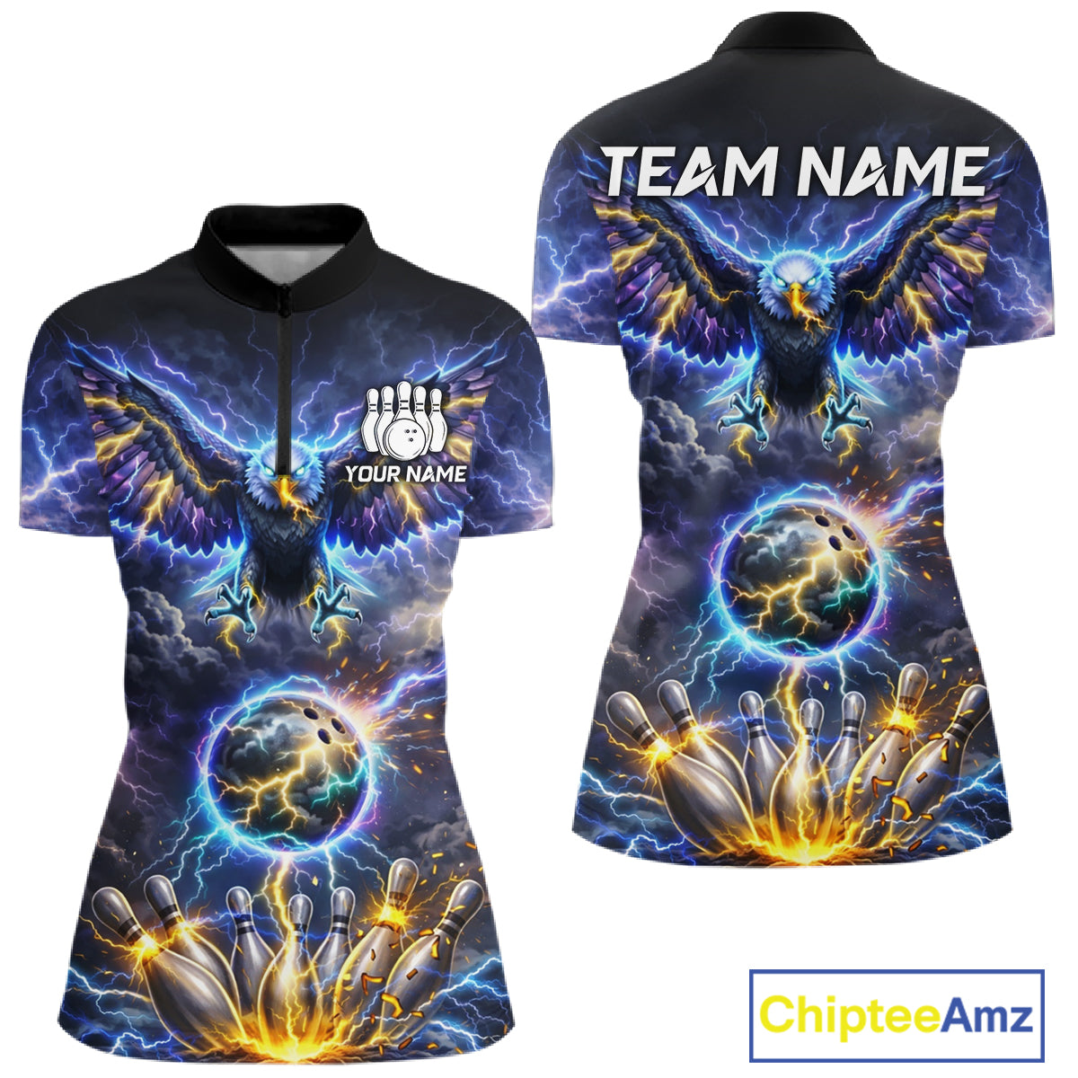 Custom Blue Lightning Thunder Eagle Bowling team shirts For Women, Bowling jersey gift for bowlers NQS11537