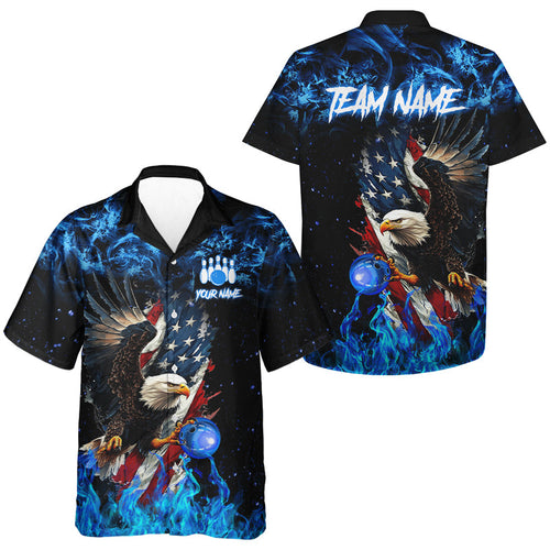 Blue Flame American Flag Eagle Bowling hawaiian shirt Custom Bowling Team button up shirts NQS9606