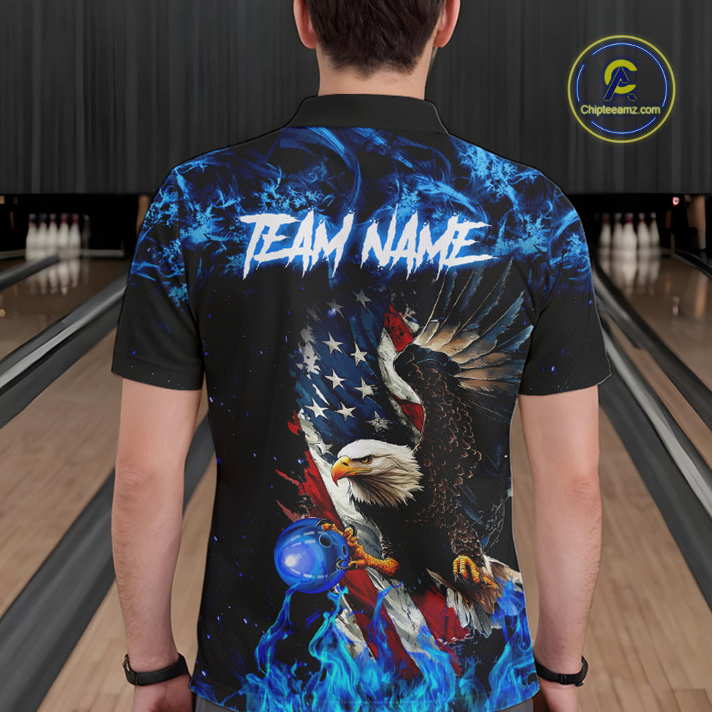 Blue Flame American Flag Eagle bowling shirts for Men Custom Bowling Team Jersey, gift for Bowler NQS9606
