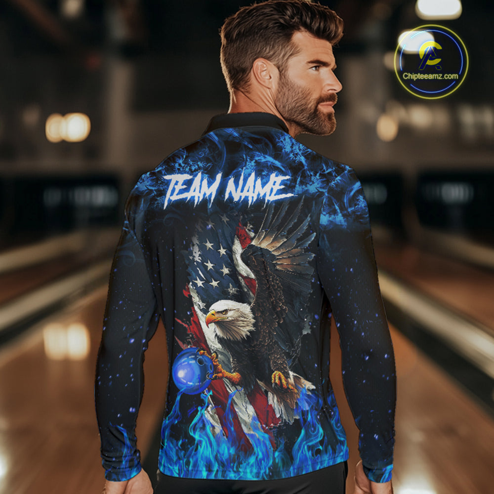 Blue Flame American Flag Eagle bowling shirts for Men Custom Bowling Team Jersey, gift for Bowler NQS9606
