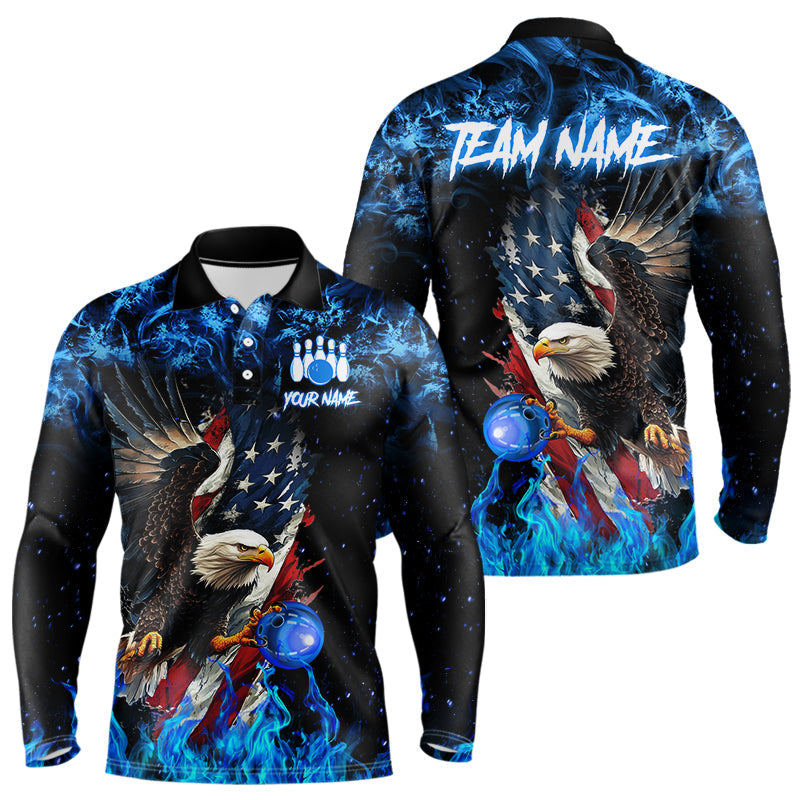 Blue Flame American Flag Eagle bowling shirts for Men Custom Bowling Team Jersey, gift for Bowler NQS9606