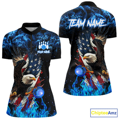 Blue Flame American Flag Eagle bowling shirts for Women Custom Bowling Team Jersey, gift for Bowler NQS9606