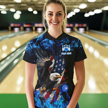 Load image into Gallery viewer, Blue Flame American Flag Eagle bowling shirts for Women Custom Bowling Team Jersey, gift for Bowler NQS9606
