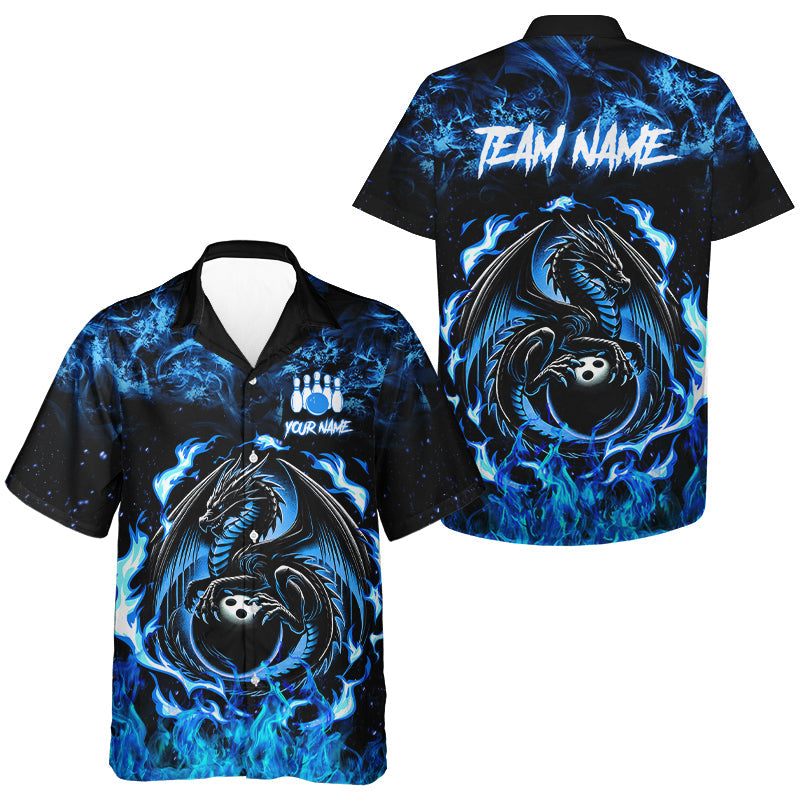 Black and Blue Flame Dragon Bowling hawaiian shirt Custom Bowling Team button up shirts NQS9607