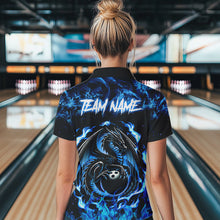 Load image into Gallery viewer, Black and Blue Flame Dragon bowling shirts for Women Custom Bowling Team Jersey, gift for Bowler NQS9607