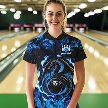 Load image into Gallery viewer, Black and Blue Flame Dragon bowling shirts for Women Custom Bowling Team Jersey, gift for Bowler NQS9607