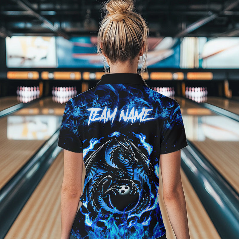 Black and Blue Flame Dragon bowling shirts for Women Custom Bowling Team Jersey, gift for Bowler NQS9607