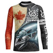 Load image into Gallery viewer, Vintage Canadian Flag Salmon Fishing Custom long sleeve performance Fishing Shirts, Salmon jerseys NQS5334