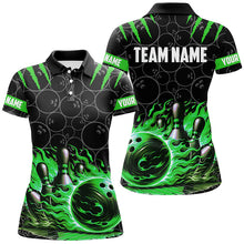 Load image into Gallery viewer, Bowling polo, quarter zip shirts for women Custom black green flame bowling shirt, Team Bowling Jersey NQS7670