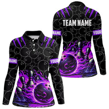 Load image into Gallery viewer, Bowling polo, quarter zip shirt for women Custom black purple flame bowling shirt, Team Bowling Jersey NQS7671