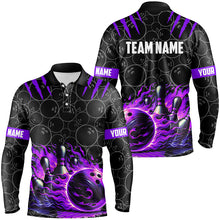 Load image into Gallery viewer, Bowling polo, quarter zip shirts for men Custom black purple flame bowling shirt, Team Bowling Jerseys NQS7671