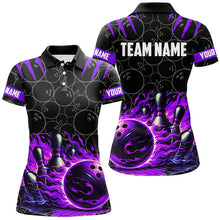 Load image into Gallery viewer, Bowling polo, quarter zip shirt for women Custom black purple flame bowling shirt, Team Bowling Jersey NQS7671