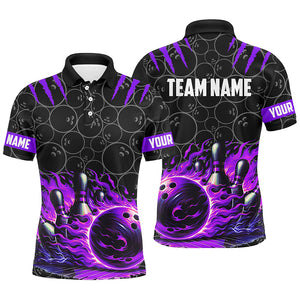 Bowling polo, quarter zip shirts for men Custom black purple flame bowling shirt, Team Bowling Jerseys NQS7671