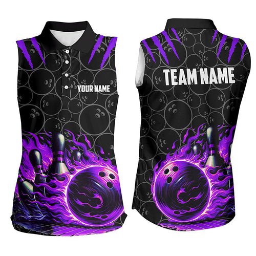 Women sleeveless polo shirts Custom black purple flame bowling shirt, Bowling Jerseys gift for bowlers NQS7671