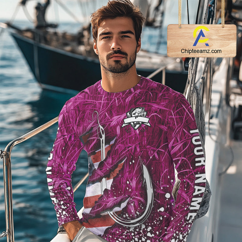 American flag fish hook pink camo fishing custom sun protection performance long sleeve fishing shirt NQS10011