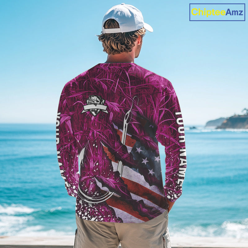 American flag fish hook pink camo fishing custom sun protection performance long sleeve fishing shirt NQS10011