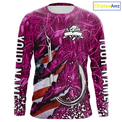 American flag fish hook pink camo fishing custom sun protection performance long sleeve fishing shirt NQS10011