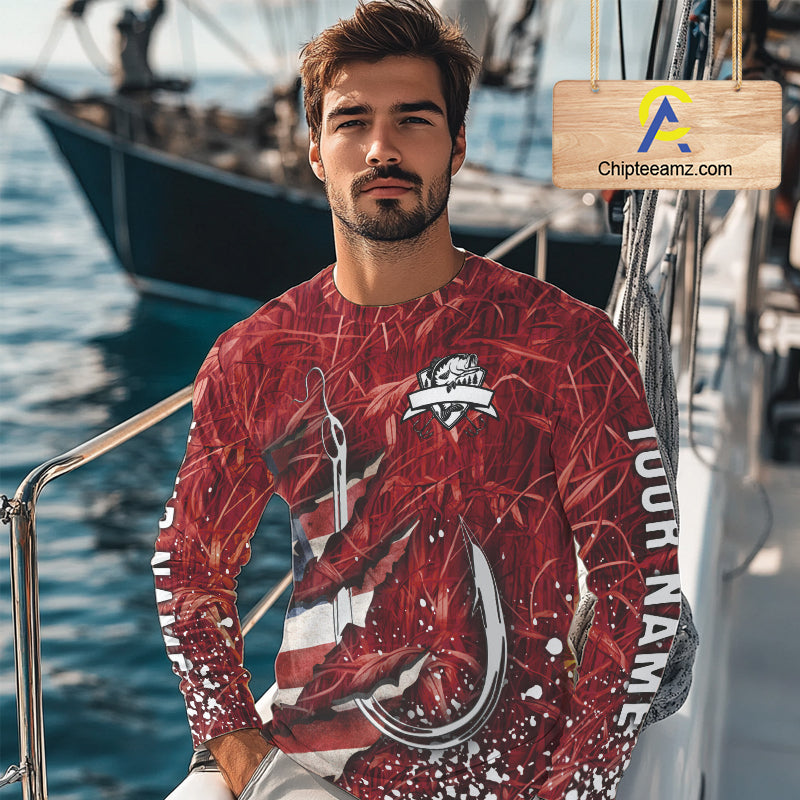 American flag fish hook red camo fishing custom sun protection performance long sleeve fishing shirt NQS10012