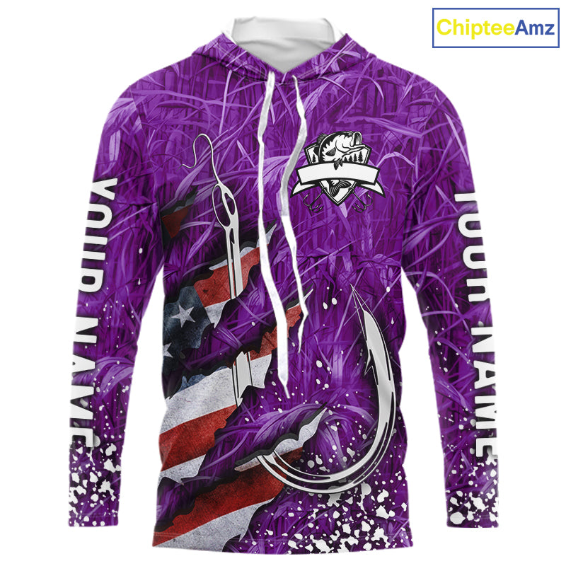 American flag fish hook purple camo custom sun protection performance long sleeve fishing shirt NQS10013