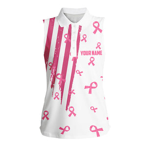 Personalized white sleeveless polo shirt for women pink ribbon breast cancer awareness ladies golf top NQS7913