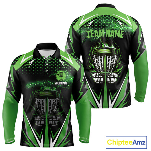 Black Mens disc golf polo shirts custom green fire lightning team disc golf jersey, unique golf gifts NQS10172