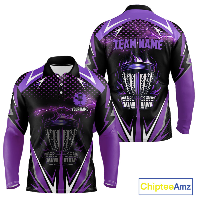 Black Mens disc golf polo shirts custom purple fire lightning team disc golf jersey, unique golf gift NQS10173