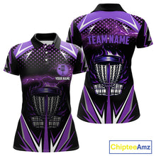 Load image into Gallery viewer, Black Women disc golf polo shirt custom purple fire lightning team disc golf jersey, unique golf gift NQS10173