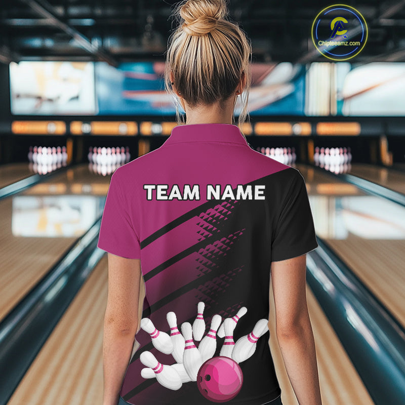 Black and Pink Bowling Polo, Quarter Zip shirts for Women Custom name bowling team league jerseys NQS10177