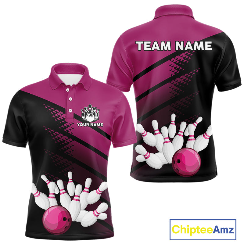 Black and Pink Bowling Polo, Quarter Zip shirts for Men Custom name bowling team league jerseys NQS10177