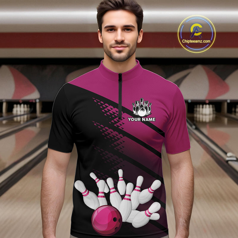 Black and Pink Bowling Polo, Quarter Zip shirts for Men Custom name bowling team league jerseys NQS10177