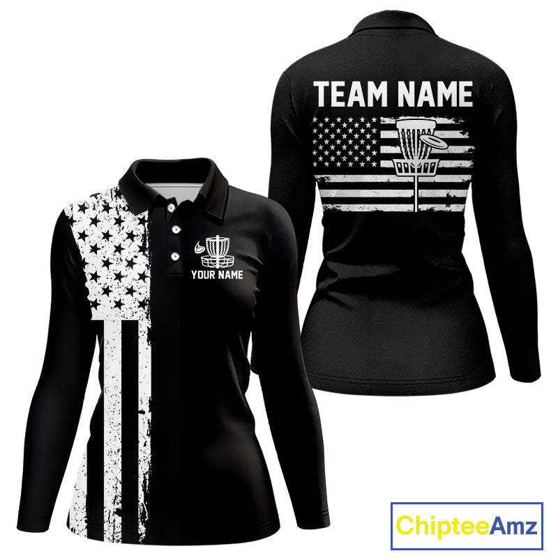 Black and White American Flag Womens Disc golf polo shirts Custom patriotic team disc golf jerseys NQS10017