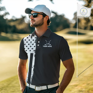 Black and White American Flag Mens golf polo shirts Custom name patriotic team golf uniform NQS10018