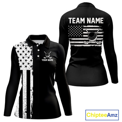 Black and White American Flag Women golf polo shirts Custom name patriotic team golf uniform NQS10018
