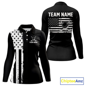 Black and White American Flag Women golf polo shirts Custom name patriotic team golf uniform NQS10018