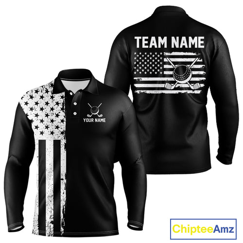 Black and White American Flag Mens golf polo shirts Custom name patriotic team golf uniform NQS10018