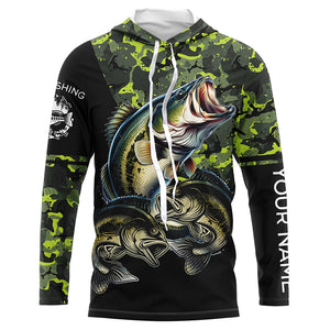 Bass fishing black green camo personalized custom sun protection long sleeve fishing shirts NQS3820